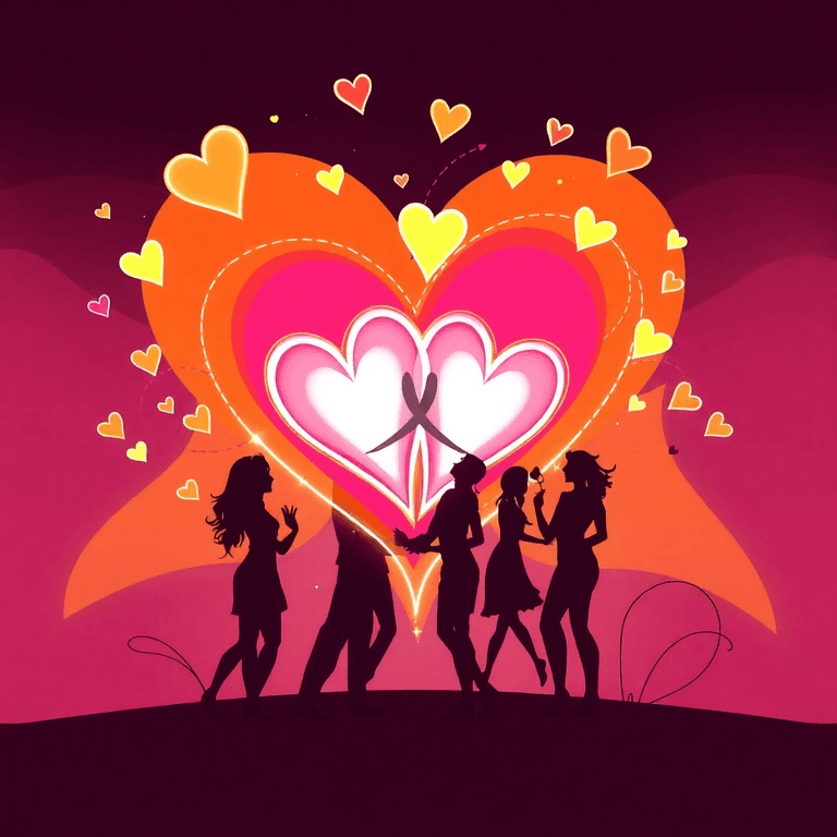 Abstract one-line drawing of glowing intertwined hearts and playful silhouettes on a warm, modern background symbolizing connection and intimacy.