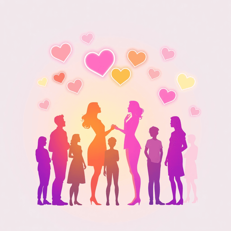 Silhouettes interacting with glowing heart and chat icons on a soft gradient background in a one-line drawing style.